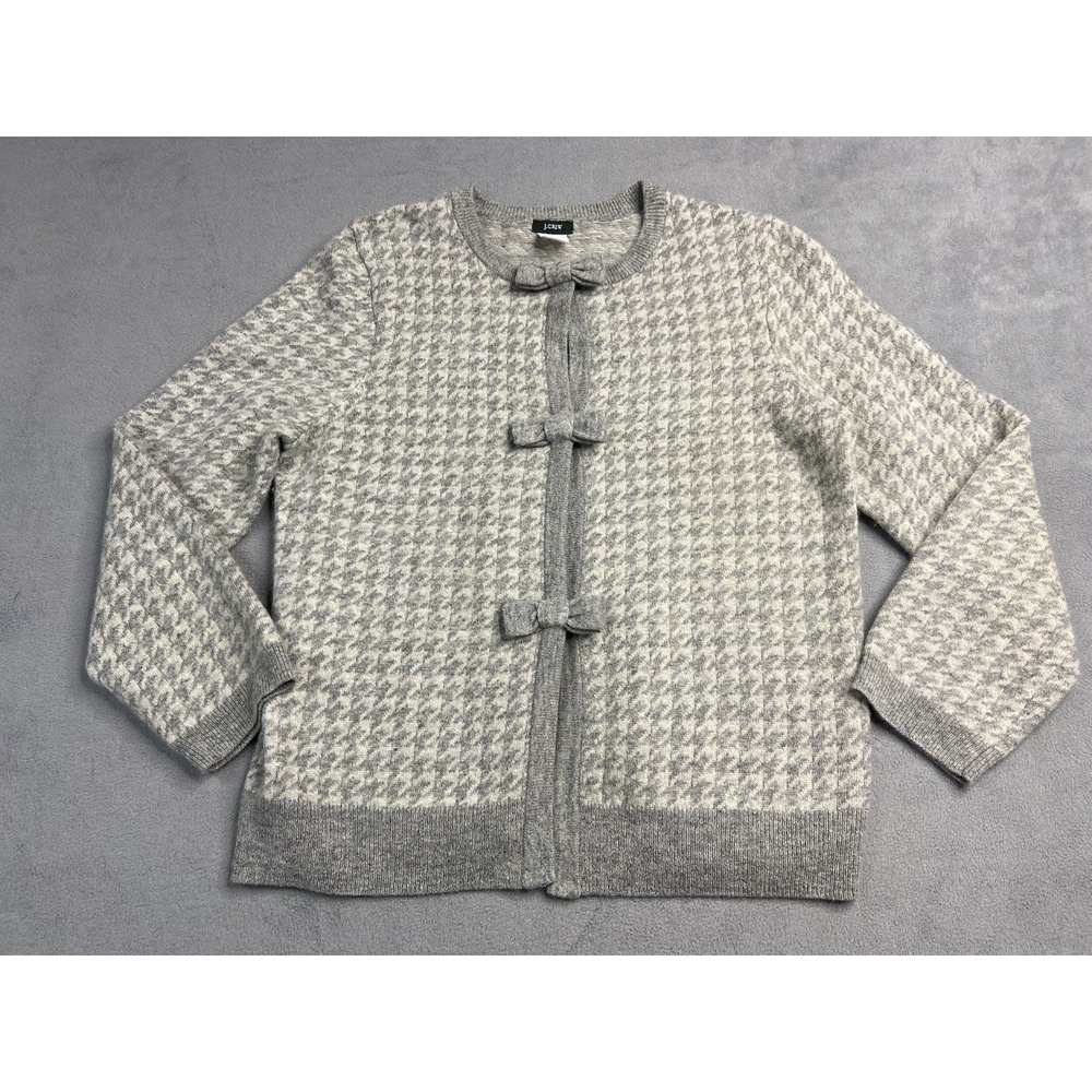 J Crew Sweater Women Medium Gray Beige Cardigan Herringbone Bows Cashmere Wool